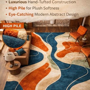 May include: A rectangular area rug featuring an abstract pattern of flowing, organic shapes in shades of deep blue, burnt orange, and cream. The text reads: What Makes This Rug Better? Luxurious Hand-Tufted Construction, High Pile for Plush Softness, Eye-Catching Modern Abstract Design, HIGH PILE, BEST SELLER, TRUSTED SELLER on Etsy.