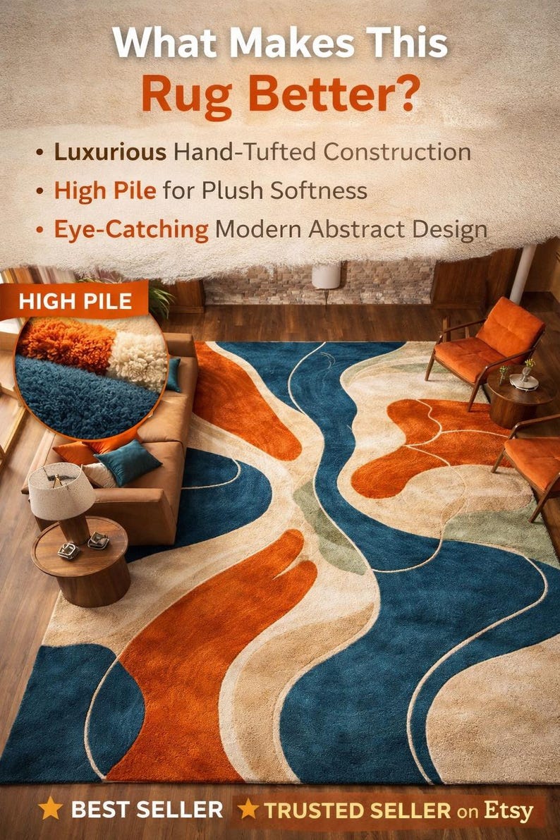 May include: A rectangular area rug featuring an abstract pattern of flowing, organic shapes in shades of deep blue, burnt orange, and cream. The text reads: What Makes This Rug Better? Luxurious Hand-Tufted Construction, High Pile for Plush Softness, Eye-Catching Modern Abstract Design, HIGH PILE, BEST SELLER, TRUSTED SELLER on Etsy.