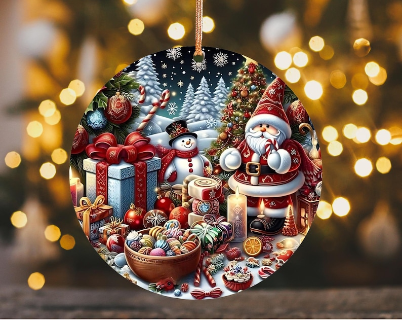 May include: A round Christmas ornament featuring a festive winter scene. Santa Claus, a snowman, and a decorated Christmas tree are surrounded by gifts, candy canes, and ornaments. The ornament has a gold string for hanging.