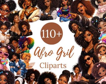 110 + Afro Girl Clipart Bundle, Black Woman Affirmation Clipart PNG, Fashionable Girl Clipart, Inspirational Black Lady Clipart,Afro Clipart