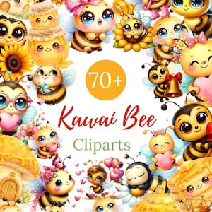 May include: A collection of over 70 Kawaii Bee cliparts. The image features numerous cartoon bees with large eyes, wings, and various accessories, including bows, crowns, and flowers. The bees are in a variety of poses and settings, with a bright and cheerful colour palette.