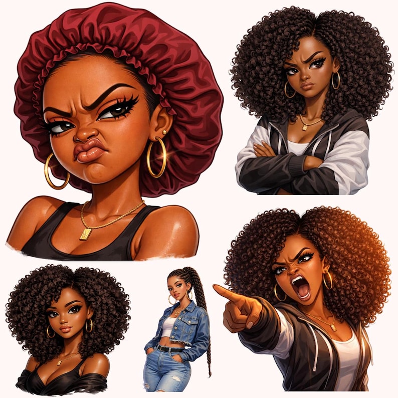 May include: A collection of digital illustrations featuring Black women with various hairstyles and expressions. The images showcase different outfits, including a satin bonnet, a denim jacket, and a black and white zip-up hoodie. Each woman is adorned with gold jewelry.