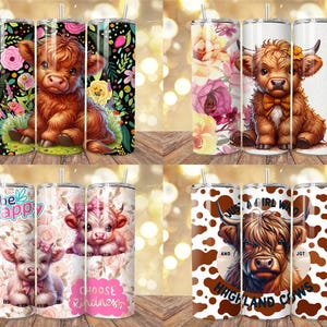 May include: A collection of insulated tumblers with various designs. Some feature Highland cows with floral and cow-print backgrounds. Others display the text "Be Happy" and "Choose Kindness" with cow illustrations. The tumblers have a straw and lid.