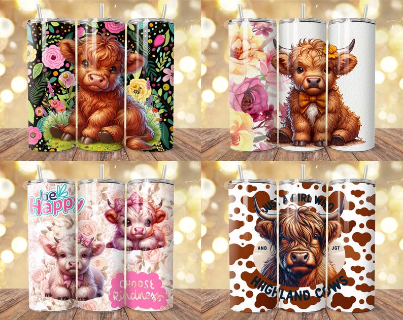 May include: A collection of insulated tumblers with various designs. Some feature Highland cows with floral and cow-print backgrounds. Others display the text "Be Happy" and "Choose Kindness" with cow illustrations. The tumblers have a straw and lid.