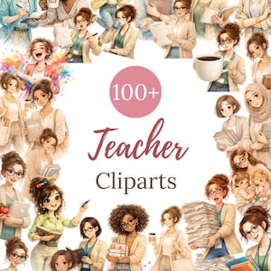 Puede incluir: Ilustración digital con múltiples imágenes de profesoras en varias poses. El texto "100+ Teacher Cliparts" se muestra en un círculo rosa. Las profesoras se representan con gafas, sosteniendo libros y vistiendo ropa informal.