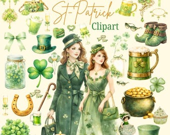 110 +Watercolor St.Patrick’s Day Clipart Bundle, Shamrock, Leprechaun, Lucky Clover, Lucky Girl image Clipart