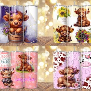 May include: A collection of four stainless steel tumblers with various designs. The tumblers feature illustrations of a Highland cow calf, sunflowers, and floral patterns. Some tumblers have text that reads "good things take time" and "inspire".