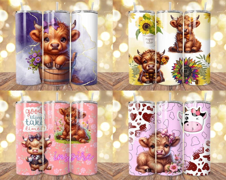 May include: A collection of four stainless steel tumblers with various designs. The tumblers feature illustrations of a Highland cow calf, sunflowers, and floral patterns. Some tumblers have text that reads "good things take time" and "inspire".