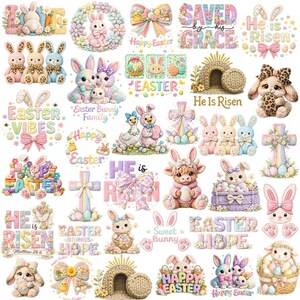 May include: A selection of Easter-themed designs with bunnies, eggs, crosses, and bows in pastel shades. Text includes "Happy Easter," "He is Risen," and "Easter Vibes." The illustrations are whimsical and suitable for crafts or decorations.
