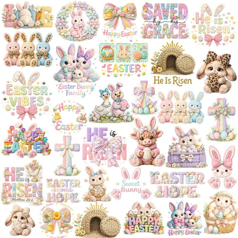 May include: A selection of Easter-themed designs with bunnies, eggs, crosses, and bows in pastel shades. Text includes "Happy Easter," "He is Risen," and "Easter Vibes." The illustrations are whimsical and suitable for crafts or decorations.