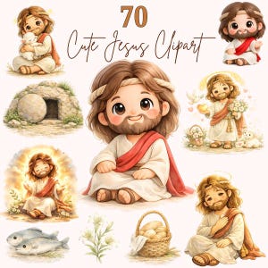 Op de afbeelding: Een verzameling van 70 schattige Jezus clipart illustraties. De afbeeldingen tonen Jezus in verschillende poses, waaronder het vasthouden van een lam, met een halo en in de buurt van een graf. Het kleurenpalet omvat zachte bruin-, rood- en wittinten, in een cartoonstijl.
