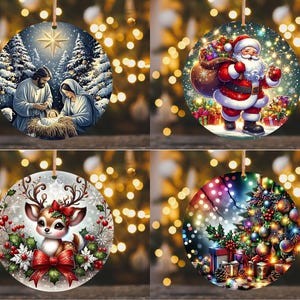 May include: Set of four round Christmas ornaments. Each ornament features a different festive design: a nativity scene, Santa Claus, a reindeer, and a decorated Christmas tree. Ornaments are made of wood and have a string for hanging.