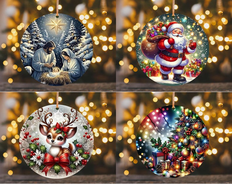 May include: Set of four round Christmas ornaments. Each ornament features a different festive design: a nativity scene, Santa Claus, a reindeer, and a decorated Christmas tree. Ornaments are made of wood and have a string for hanging.