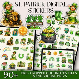 May include: Digital stickers featuring St. Patrick's Day themes. The stickers include leprechauns, pots of gold, shamrocks, and beer mugs. The text on the image reads "ST. PATRICK DIGITAL STICKERS", "PEACE LOVE LUCKY", "LUCKY", "HAPPY ST. PATRICK'S DAY", and "90+ PRE-CROPPED GOODNOTES FILES & INDIVIDUAL PNG'S".