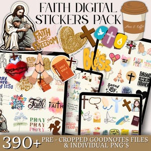 Puede incluir: Un paquete de pegatinas digitales con temas religiosos. La imagen presenta varias pegatinas, incluyendo cruces, corazones, palomas e ilustraciones de la Biblia. El texto incluye "Fe", "Bendición" y "Santa Biblia". El paquete contiene más de 390 archivos Goodnotes precortados y PNG individuales.