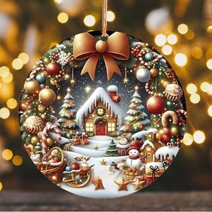 May include: A round Christmas ornament with a festive winter scene. The ornament features a snow-covered village with a house, Christmas trees, and a snowman. It is decorated with a gold bow and a gold string for hanging.