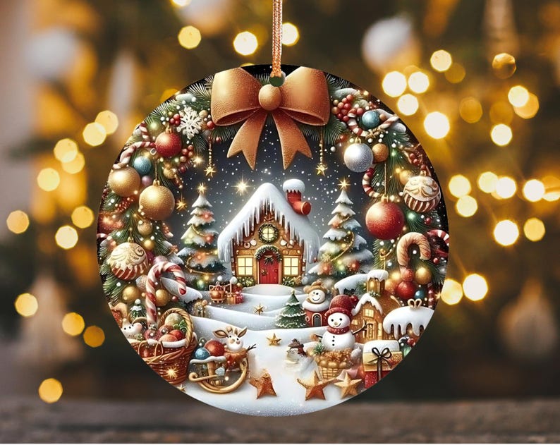May include: A round Christmas ornament with a festive winter scene. The ornament features a snow-covered village with a house, Christmas trees, and a snowman. It is decorated with a gold bow and a gold string for hanging.