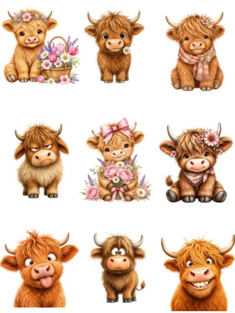 K&ouml;nnte beinhalten: Eine Sammlung von neun Cartoon-Illustrationen von Highland-K&uuml;hen. Jede Kuh wird mit einem einzigartigen Ausdruck und Accessoires dargestellt, wie Blumenkr&auml;nzen, Schleifen und Schals. Einige K&uuml;he halten Blumen oder haben Blumen in einem Korb.
