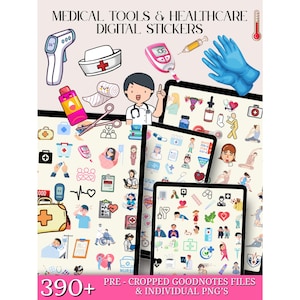 May include: Digital stickers featuring medical tools and healthcare symbols. The image includes a thermometer, nurse's cap, blood glucose meter, syringe, blue gloves, and a cartoon doctor. The image also includes tablets with various medical illustrations and the text "390+".