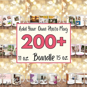 以下が含まれることがあります： 写真デザインが施された白いセラミックマグのコレクション。マグには家族写真、風景、テキストが表示されています。画像には「Add Your Own Photo Mug」と「200+」というテキストが含まれています。325 mlと444 mlのサイズがあります。