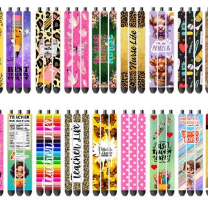 May include: A collection of pens with various designs, including leopard print, butterflies, and floral patterns. Some pens feature text like "Best Teacher Ever" and "Nurse Life." The pens are in a variety of colors, including pink, yellow, and green.
