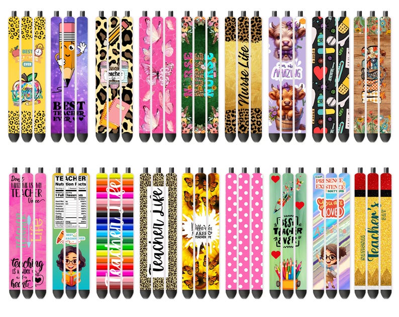 May include: A collection of pens with various designs, including leopard print, butterflies, and floral patterns. Some pens feature text like "Best Teacher Ever" and "Nurse Life." The pens are in a variety of colors, including pink, yellow, and green.