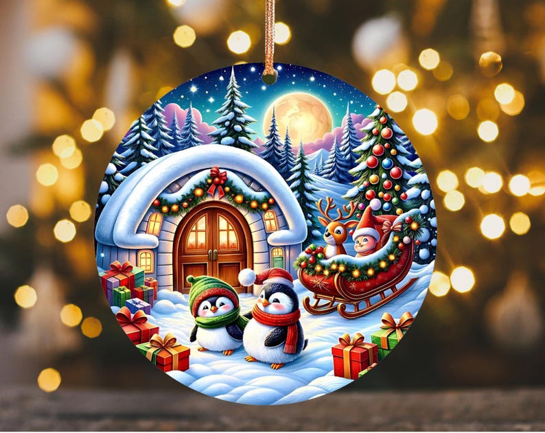May include: A round Christmas ornament featuring a winter scene with a house, penguins, and a sleigh with reindeer. The ornament has a gold string for hanging and is decorated with a festive holiday theme.