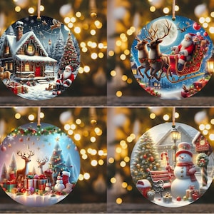 May include: Four round Christmas ornaments with festive scenes. One shows a snowy cabin with Santa, another Santa in a sleigh with reindeer, a third with reindeer and gifts, and the last with a snowman and Christmas tree.