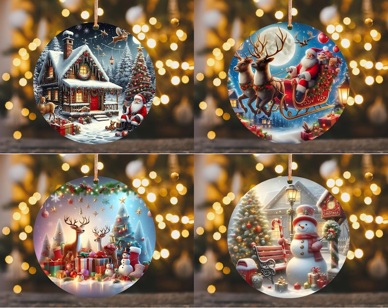 May include: Four round Christmas ornaments with festive scenes. One shows a snowy cabin with Santa, another Santa in a sleigh with reindeer, a third with reindeer and gifts, and the last with a snowman and Christmas tree.