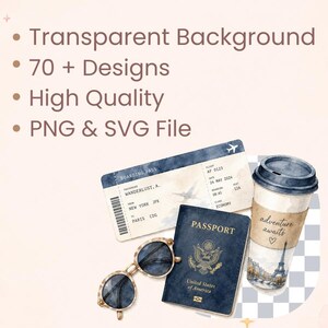 May include: Watercolor illustration featuring travel-themed elements. Includes a boarding pass, passport, sunglasses, and a coffee cup with the Eiffel Tower. The text reads "adventure awaits." The image also includes the text "Transparent Background", "70 + Designs", "High Quality", and "PNG & SVG File."