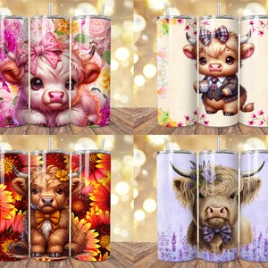 May include: Four stainless steel tumblers with whimsical cow designs. One features a pink bow and floral background, another a cow in a suit holding a cup, a third with sunflowers, and the last with lavender and a bow tie.