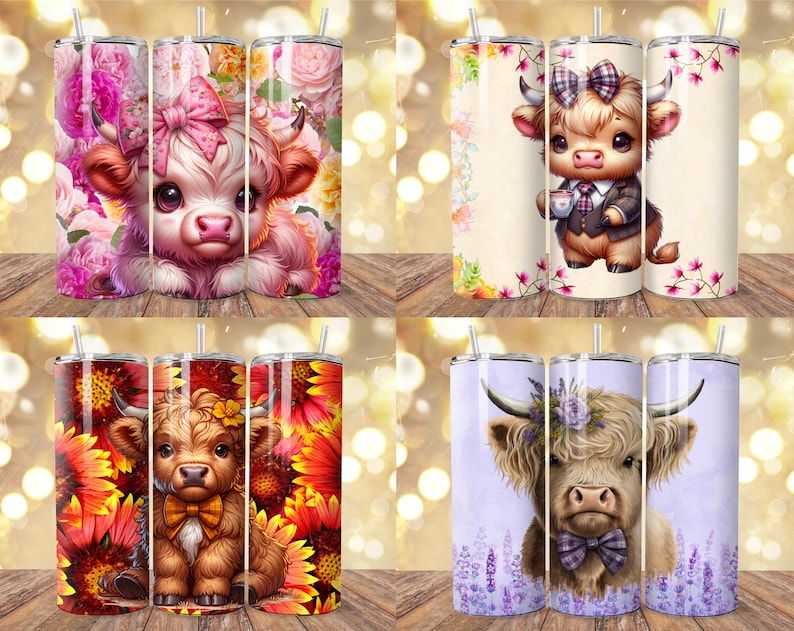 May include: Four stainless steel tumblers with whimsical cow designs. One features a pink bow and floral background, another a cow in a suit holding a cup, a third with sunflowers, and the last with lavender and a bow tie.