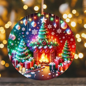 May include: A round Christmas ornament featuring a festive scene with Christmas trees, a fireplace, and wrapped gifts. The ornament has a gold string for hanging and is decorated with lights, snowflakes, and a star.