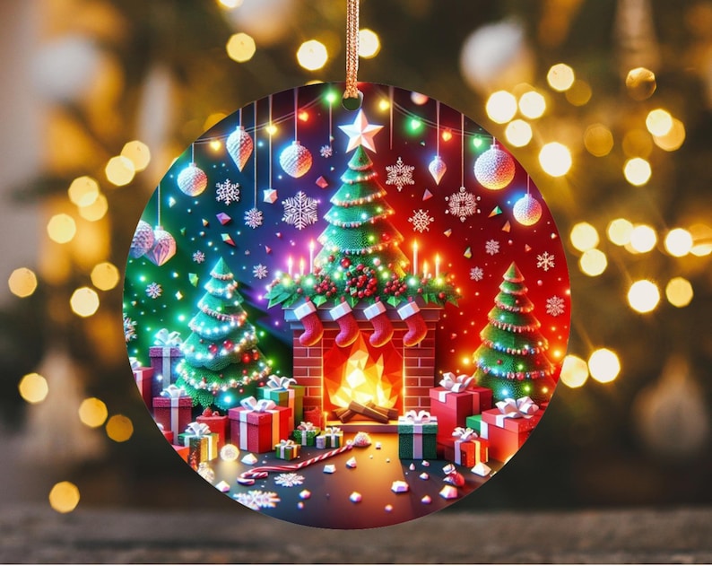 May include: A round Christmas ornament featuring a festive scene with Christmas trees, a fireplace, and wrapped gifts. The ornament has a gold string for hanging and is decorated with lights, snowflakes, and a star.