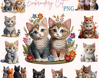 80 + Embroidery Cat Clipart Bundle, Pet Animals Clipart, Watercolor Cat Clipart, Realistic Cats PNG, Cat Lover Clipart SVG, 3D Embraided Cat