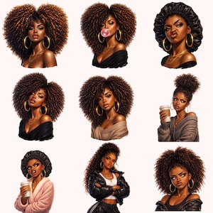 May include: Nine digital illustrations of a woman with brown curly hair, gold hoop earrings, and a gold necklace. The woman is depicted in various poses and outfits, including a black top, a satin bonnet, and a leather jacket. Some images show her with a coffee cup or chewing bubble gum.