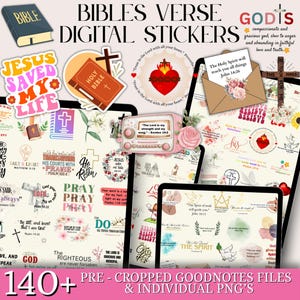 May include: Digital sticker set featuring Bible verses and religious imagery. Includes stickers with text like "Jesus Saved My Life," "Holy Bible," and various inspirational quotes. The set contains over 140 pre-cropped GoodNotes files and individual PNGs.