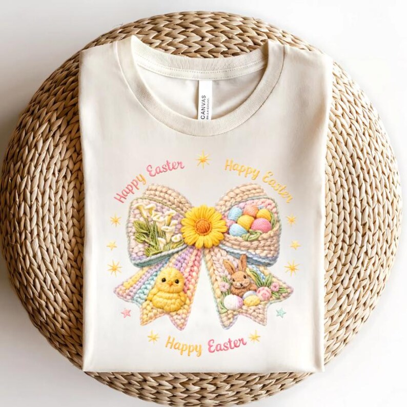 May include: A cream-coloured t-shirt with an Easter bow design. The bow features a yellow flower, a chick, a bunny, and Easter eggs. The words "Happy Easter" are written around the bow. The shirt is displayed on a woven surface, suitable for the Easter season.