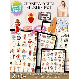 Könnte beinhalten: Ein digitales Sticker-Paket mit christlichen Illustrationen. Das Paket enthält Bilder von Jesus, Kreuzen und inspirierenden Sätzen wie "Faith Over Fear" und "Jesus Loves Me". Das Bild zeigt auch Tablets, die die Aufkleber anzeigen.