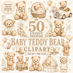 Beige nallebjörn Clipart-paket, Boho Neutral Barnrum PNG, Nalle Minimal Barnrumsdekor, Baby Shower PNG, Akvarell Nallebjörn Clipart