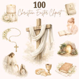 Puede incluir: Conjunto de imágenes prediseñadas de acuarela de Pascua cristiana con una cruz de madera con tela blanca, una vela encendida, un rosario, una biblia y otros símbolos religiosos. El texto "100 Christian Easter Clipart" está en la parte superior.