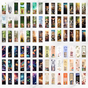 May include: A collection of colorful bookmarks with various designs. Some feature animals like foxes, dogs, and cats, while others depict space scenes with planets and galaxies. Several bookmarks have inspirational quotes and images of books.