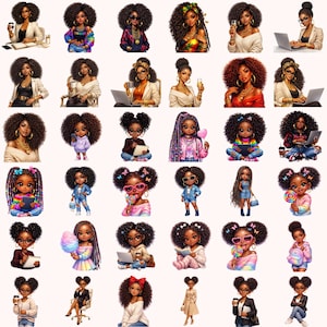 May include: A collection of digital illustrations featuring Black women and girls in various poses and outfits. The images showcase diverse hairstyles, clothing, and accessories, including laptops, drinks, and accessories. The color palette includes vibrant and pastel tones.