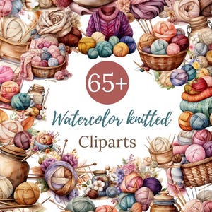 Puede incluir: Ilustración en acuarela que presenta una colección de ovillos de lana tejidos en varios colores, dispuestos en cestas y cuencos. La imagen incluye el texto "65+ Watercolor knitted Cliparts". La paleta de colores incluye rosas, azules, morados y marrones.