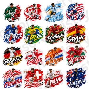 May include: A collection of sixteen soccer player illustrations, each featuring a player in a national team uniform kicking a ball against a background of their country's flag and name, including Mexico, Canada, Argentina, USA, France, Brazil, Portugal, Spain, Germany, England, Netherlands, Morocco, Croatia, Switzerland, Poland, and Australia.