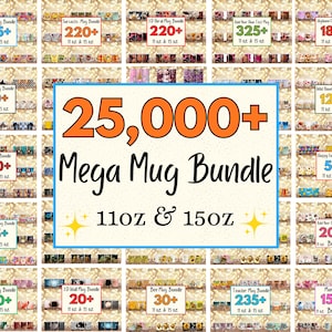 Può includere: Una collezione di tazze con vari design. L'immagine presenta un "Mega Mug Bundle" di oltre 25.000 tazze, con dimensioni di 325 ml e 443 ml. Le tazze sono disposte in file e colonne, ognuna con un design unico.
