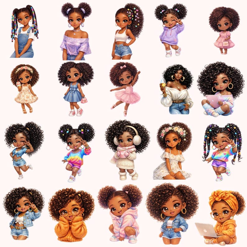 May include: A collection of digital illustrations featuring young Black girls in various outfits and hairstyles. The girls are depicted with large eyes and expressive faces, wearing dresses, denim shorts, and sweaters. Some have curly hair, while others have braids or buns.