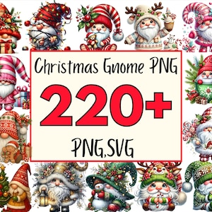 May include: A collection of colorful Christmas gnome illustrations. The image features various gnomes with festive hats, holding gifts, and surrounded by holiday decorations. Text on the image reads "Christmas Gnome PNG 220+ PNG, SVG."