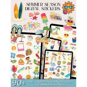 May include: Digital stickers with a summer theme, featuring colorful illustrations of surfboards, flip-flops, beach scenes, and various summer-related icons. The text "SUMMER SEASON DIGITAL STICKERS" is displayed at the top, with "90+" at the bottom.