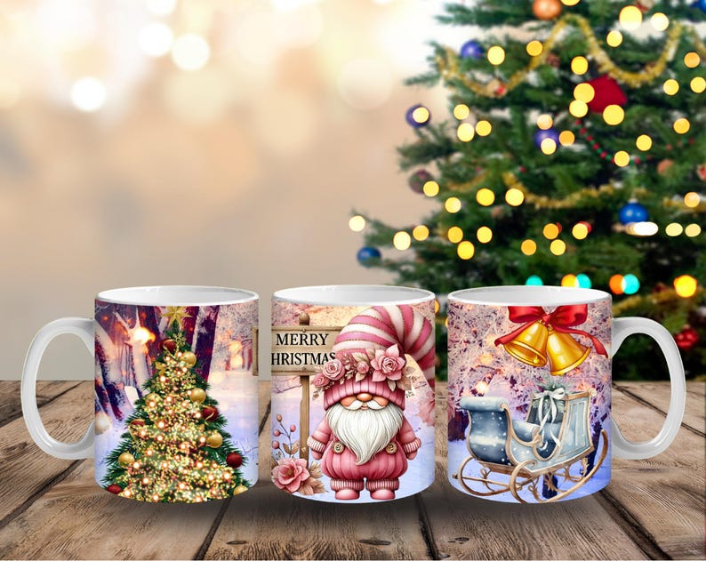 May include: Three white ceramic mugs with Christmas-themed designs. One mug features a decorated Christmas tree, another a gnome with a "Merry Christmas" sign, and the third a sleigh with bells. The mugs are on a wooden surface.